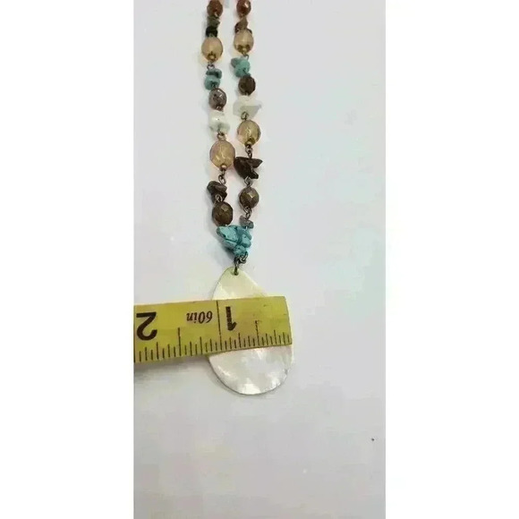 Necklace Multi Gemstone Mother Of Pearl Pendant Turquoise Tigers Eye Quartz - Picture 3 of 5